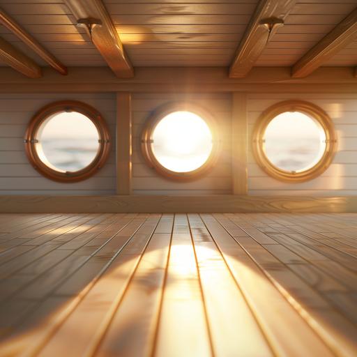 Boat cabin, generation of blurred background (for overlay), room with round windows, light wood flooring on the wall and floor and ceiling, realistic, ultra realistic, blur, ray of sun passes through the porthole, HD 4k