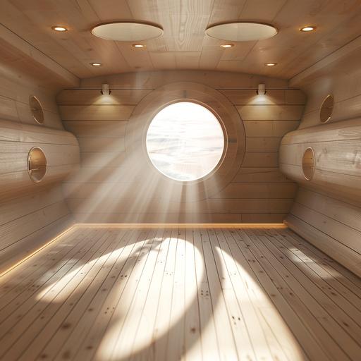 Boat cabin, generation of blurred background (for overlay), room with round windows, light wood flooring on the wall and floor and ceiling, realistic, ultra realistic, blur, ray of sun passes through the porthole, HD 4k
