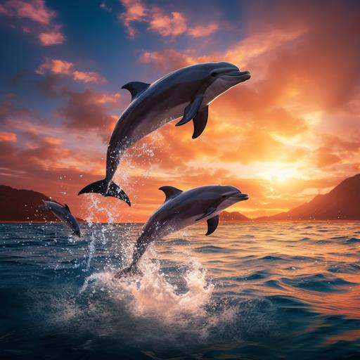 dolphins jumping out of water with sunsent in background