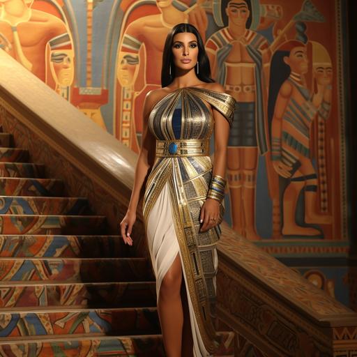 Kim Kardashian, entourée de décors Egyptiens, regarde de face, en robe Versace