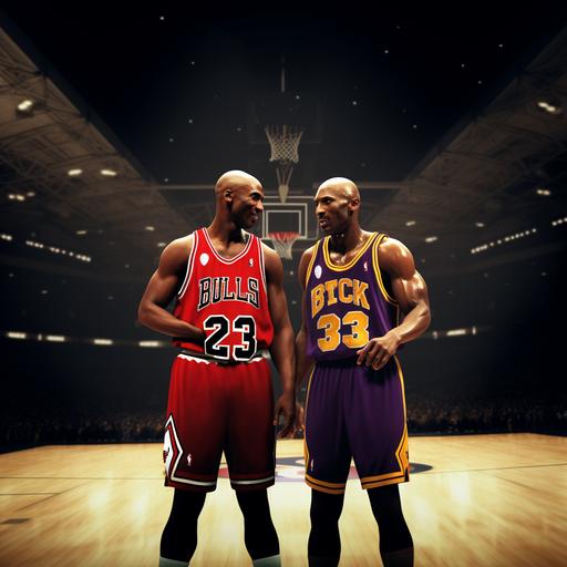Michael Jordan and Kobe Bryant switching their Jerseys after a Chicago Bulls and LA Lakers game. Micheal Jordan is giving Kobe Bryant Micheal's Number 23 red and white Bulls Jersey and Kobe Bryant is giving Micheal Jordan Kobe's 24 yellow and purple Lakers Jersey. Animated, hyperrealistic, iconic, microscopic details