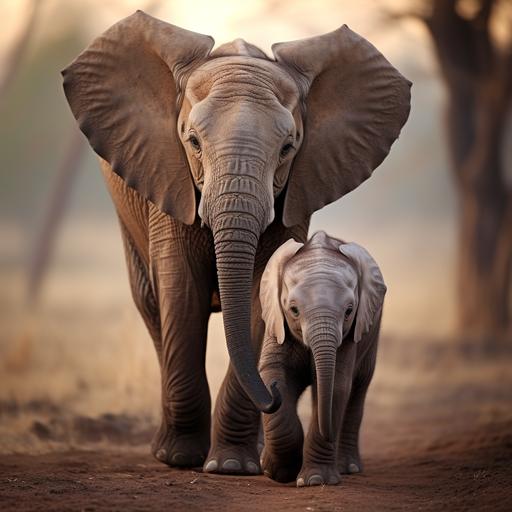 a baby elephant holding the tail of a bigger elephant, photography