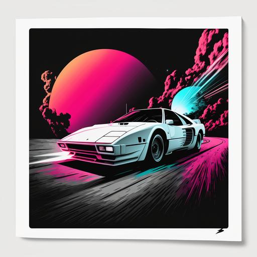 ferrari testarossa on a highway coming out of a black hole, cartoon, vaporwave style, white background, v5