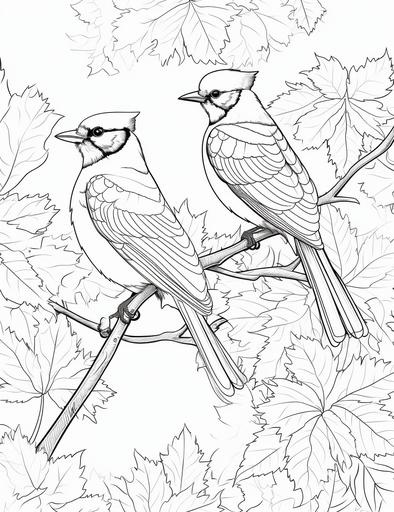 https:// Blue Jays in a Maple Tree Two blue jays perched on the branches of a vibrant maple tree, coloring page for kids, cartoon style, thick lines, low detail, black and white, No Shading, --ar 85:110