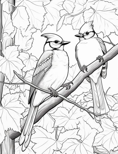 https:// Blue Jays in a Maple Tree Two blue jays perched on the branches of a vibrant maple tree, coloring page for kids, cartoon style, thick lines, low detail, black and white, No Shading, --ar 85:110