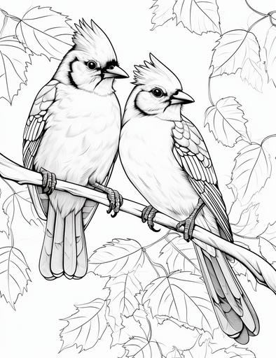 https:// Blue Jays in a Maple Tree Two blue jays perched on the branches of a vibrant maple tree, coloring page for kids, cartoon style, thick lines, low detail, black and white, No Shading, --ar 85:110