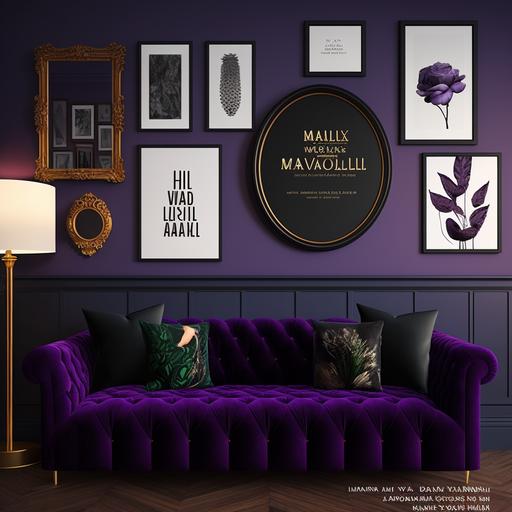 gallery wall art frames of 10 mock ups, maximalist moody and dark tones, purple velvet couch, black details