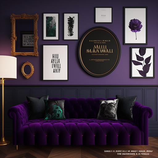 gallery wall art frames of 10 mock ups, maximalist moody and dark tones, purple velvet couch, black details