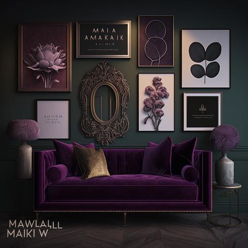 gallery wall art frames of 10 mock ups, maximalist moody and dark tones, purple velvet couch, black details