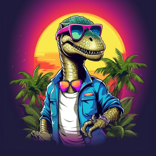game cartoon looking brontosaurus retro 80s dinosaur wearing 90s clothes with bling and sunglasses
