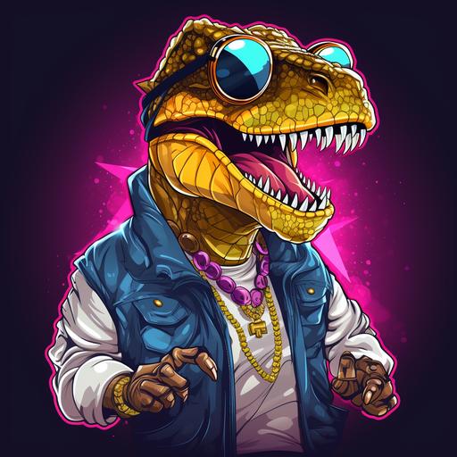 game cartoon looking t-rex dinosaur wearing 90s clothes with bling and sunglasses