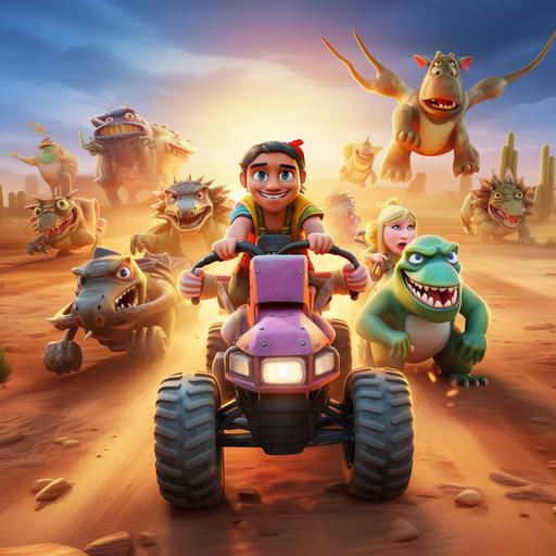 game characters animals colorful from stumble guys different skins driving atv with lightning coming out back racing with a desert background landscape in 3d pixar disney theme cartoon highly detailed sunrise Character from Pixar. High detail . The best quality. Unreal Engine . 3D rendering . White balance