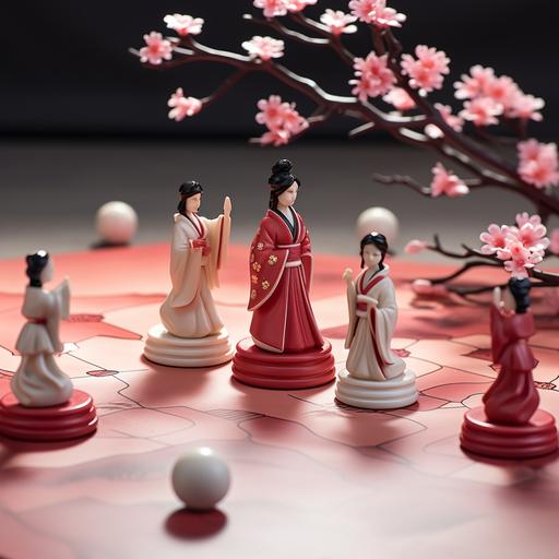 game pawns visual key traditional geisha anime pawns on tabletop sakura flower pattern boardgame