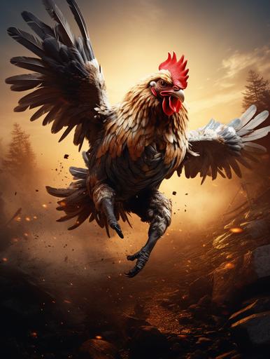 game rooster jumping in the air talons foward with a mean look on his face ,hyper realstic,insane details,cinematic background,super resolution,award winning photography, 8k --ar 3:4 --s 250