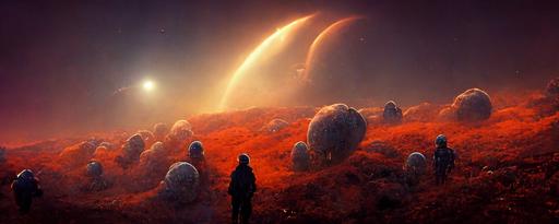 5 space traveller astronauts standing::0.4  on an alien world meadow of Celosia argentea var. cristata   morphophallus titanium, with Eta Carinae and the Homunculus Nebula sky::0.8 sci-fi ::0.6 photographic concept art, cinematic lighting, cinematic composition, rule of thirds , ultra-detailed, dusk sky , low contrast, natural lighting, realistic, detailed, atmosphere hyperrealistic , volumetric light, ultra photoreal, render in unreal engine 5, | 20mm| , Matte painting, movie concept art, hyper-detailed, insanely detailed, corona render, octane render, , 8k, --ar 3:1 --no blur  --uplight