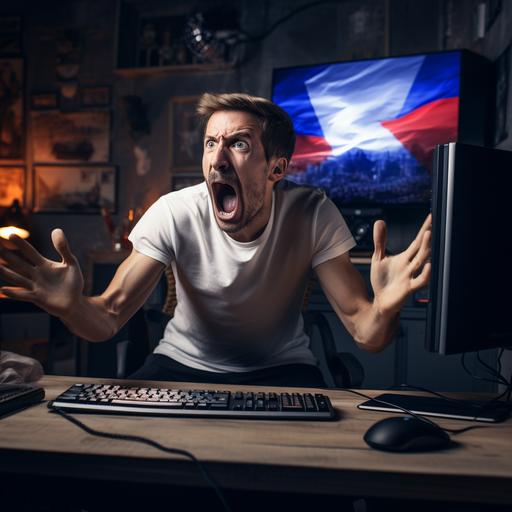gamer raging in front of his PC with France flag in the background