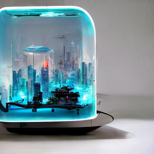 gaming computer with rgb lighting water cooled on white desk in white room. Inside computer components make up a miniature futuristic city with flying cars. Highly detailed photo realistic