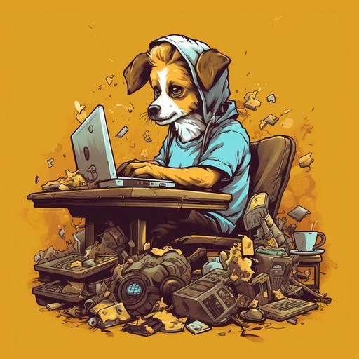 confused dog playing video game on laptop portrait messy anime style
