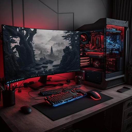 gaming setup with luxury and sacary room and gamer cloth is black and background light red and black and spark utrarealestics and cpu colour are mixed pro max gamning setup near me 1000k