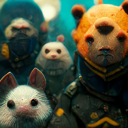 gang of 5 unique characters, strong hamster, weak bear, short wolf, tall fish, fat snake, high detail, soldier gear, sci-fi, ultra realistic, 3d, octane render