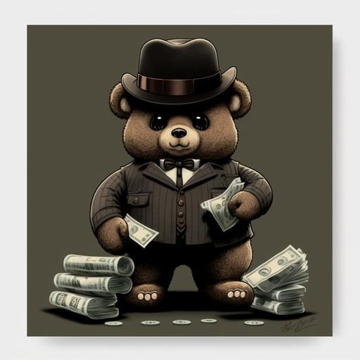 gangster teddy bear with money stacks