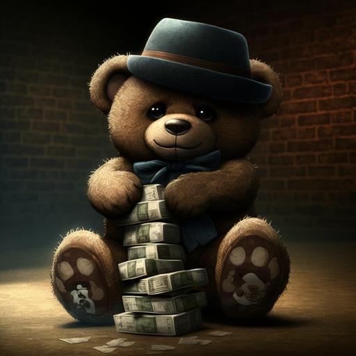 gangster teddy bear with money stacks