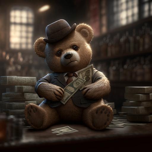 gangster teddy bear with money stacks in a bar with cigar