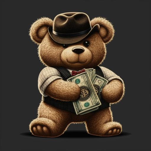 gangster teddy bear with pistol and money stacks