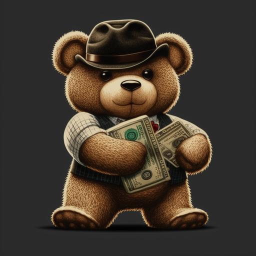 gangster teddy bear with pistol and money stacks