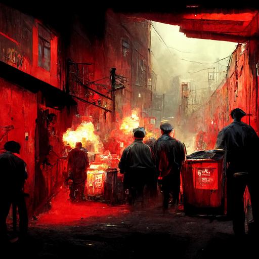 gangster thugs in a back alley, dark setting, red lights, warzone, dumpster fire