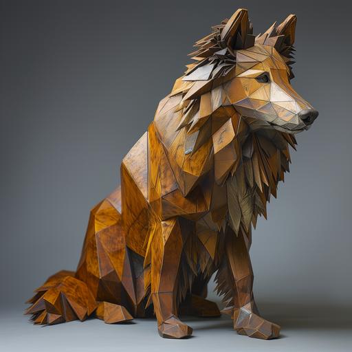 gantryfied sheltie dog, abstract constructivism, faceted sheltie dog anatomy, metal and wood sculptures --v 6.0 --s 250 --style raw