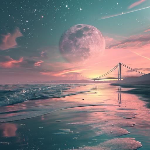 gantry/imagine beach with moon photorealistic, with glitter and sparkle, touquiose,blue, pink gradient with glitter stars and sparkle, the glitter and sparkle should radiate into the whole picture, noble, elegant --v 6.0
