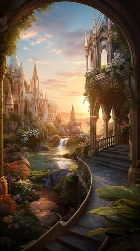 garden oasis filled with palm trees, flowers, and mossy rocks with a spiral staircase inside an ornate, majestic cathedral with wide archways overlooking a lake at sunset --ar 9:16