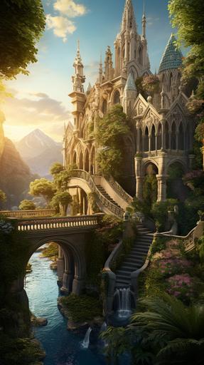 garden oasis filled with palm trees, flowers, and mossy rocks with a spiral staircase inside an ornate, majestic cathedral with wide archways overlooking a lake at sunset --ar 9:16