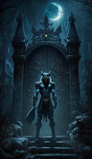 gargoyl keeper of the gate ark elohim temple at night on top of the vampire castle +