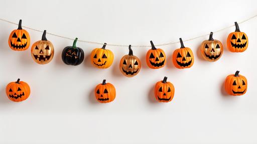 garland with plastic pumpkins, skeletons, web, and bats hanging on the white wall, Halloween. Isolated on a white background. Place for text. --ar 16:9