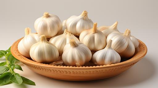 garlic on a plate, blank background, pixel perfect, cinquecento, meticulous design, intricate patterns, delicate lines, 8k, --ar 16:9 --stylize 1000 --style raw