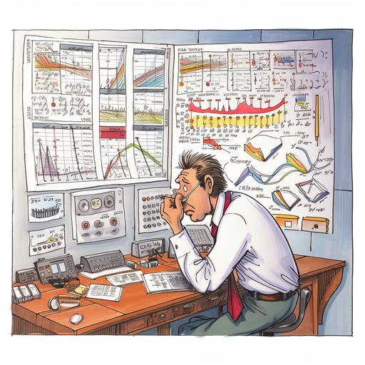 gary larson style cartoon, confused mechanic looking at financial charts