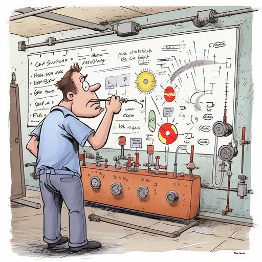 gary larson style cartoon, confused mechanic looking at charts
