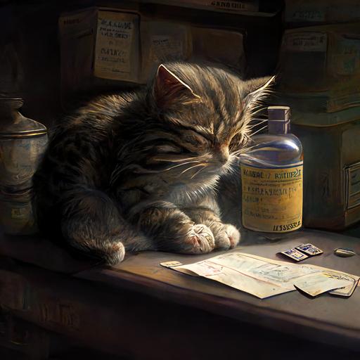 gatita tabby, durmiendo sobre la caja registradora de una farmacia muy iluminada, dónde atienden otros 2 gatas