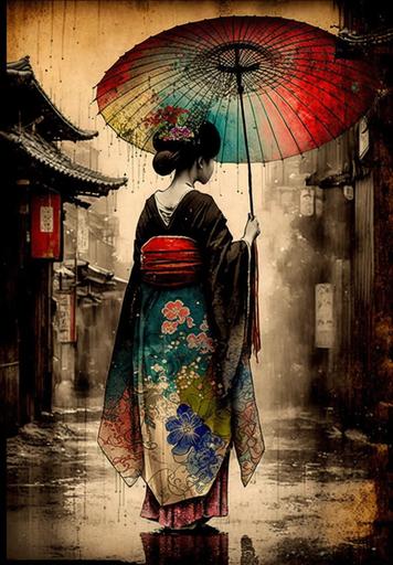 geisha with umbrella strolling in citadel, sumie style, fairy tale colors, --ar 7:10