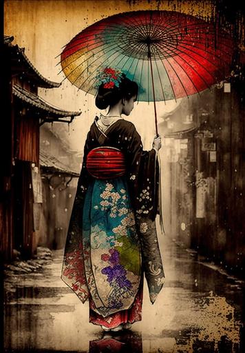 geisha with umbrella strolling in citadel, sumie style, fairy tale colors, --ar 7:10