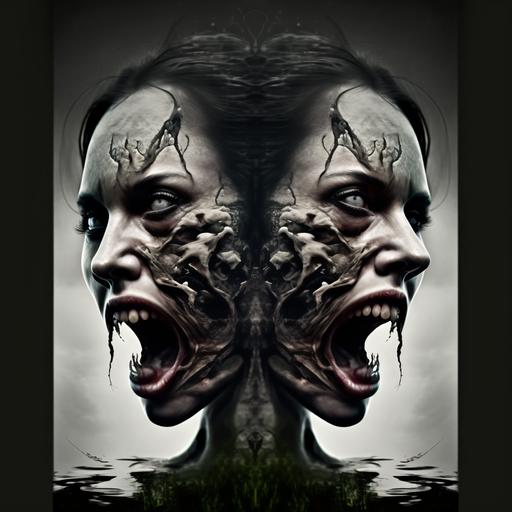 gemini two faced monster screaming beautiful woman facing away from each face slight variation on each of the two faces