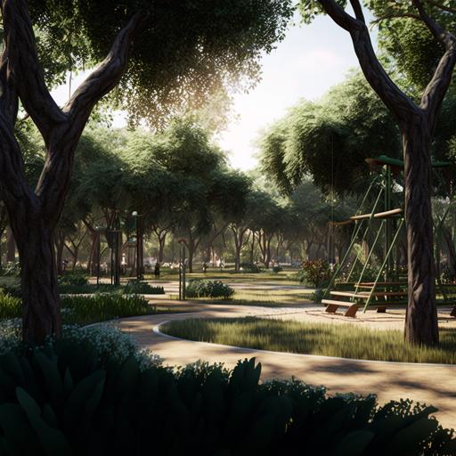 genera un parque con toboganes, columpios espacio familias jugando, varios tipos de árboles en 150 m2 from sky 8K, 4K, photorealistic , ultra photoreal