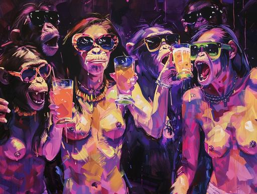 general party scene, girls and guys with cocktails in sunglasses, primates and monkeys, dollars, wealth, luxury, party, DJ, dance, beautiful figure, dance floor, speaker smile soft glow, high contrast, impressionistic oil painting style, --ar 4:3 --v 6.0