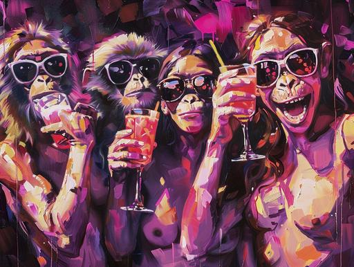 general party scene, girls and guys with cocktails in sunglasses, primates and monkeys, dollars, wealth, luxury, party, DJ, dance, beautiful figure, dance floor, speaker smile soft glow, high contrast, impressionistic oil painting style, --ar 4:3 --v 6.0