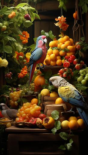 generate a background which depicts Birds, fruits, vegetables, toys, flowers, animals, human no cluttering, 4k --ar 4:7 --s 250