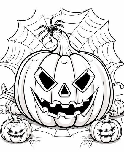 generate a coloring page, black line art, no shading, white background, simple, of a cartoon spider's web between two pumpkins, with a spider in the center --ar 9:11