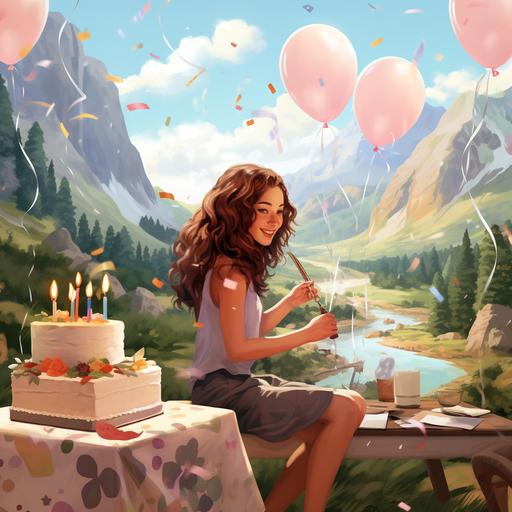 generate a happy birthday card where joyful young lady is celebrating her birthday in a scenic place