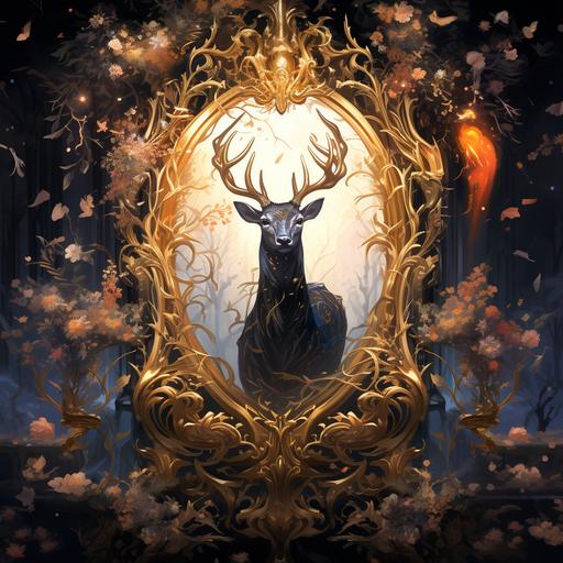 generate a high fantasy style portriate of a black deer looking slightly right from an ornate gold picture frame, surrounded by flowers. the background of the mirror should be a glowing portal into an etheral word